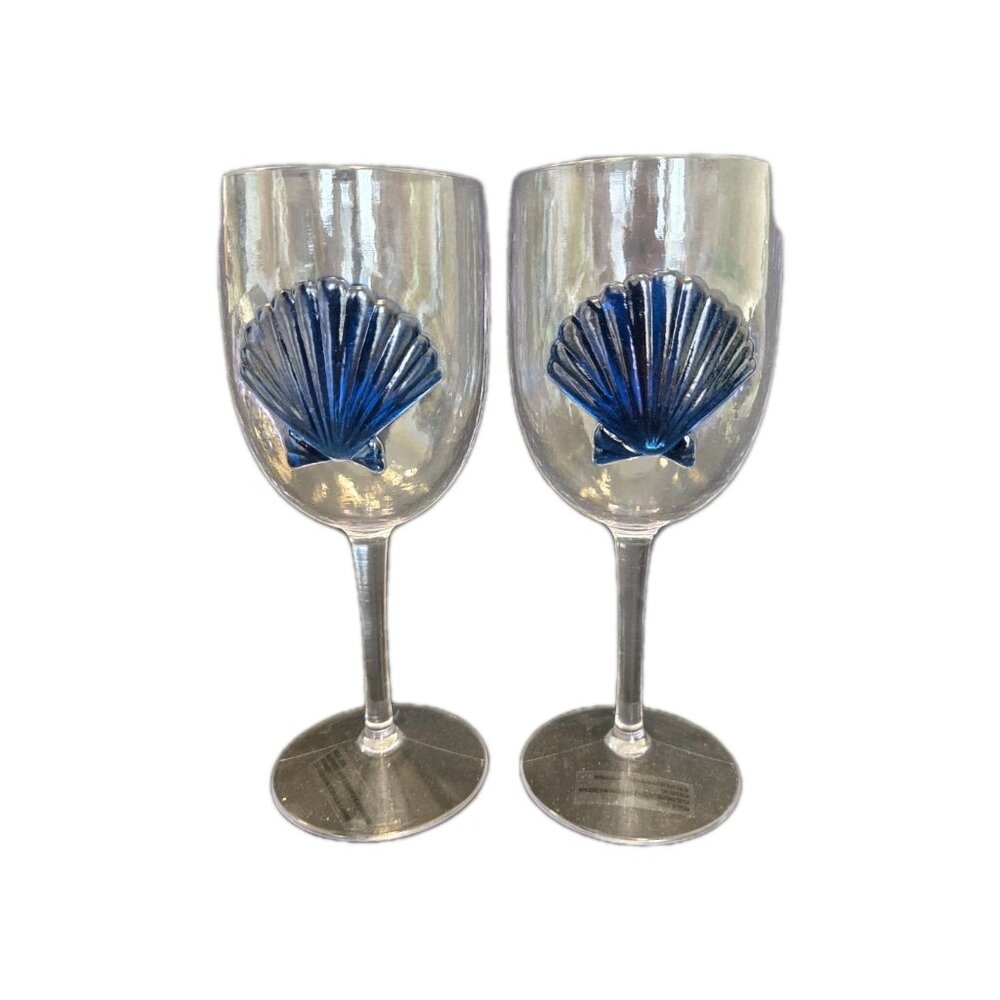 Set Of 2 New Acrylic BPA Free Blue 3D Sea Shell Beach Natucial Wine Glasses Cup - Picture 2 of 3